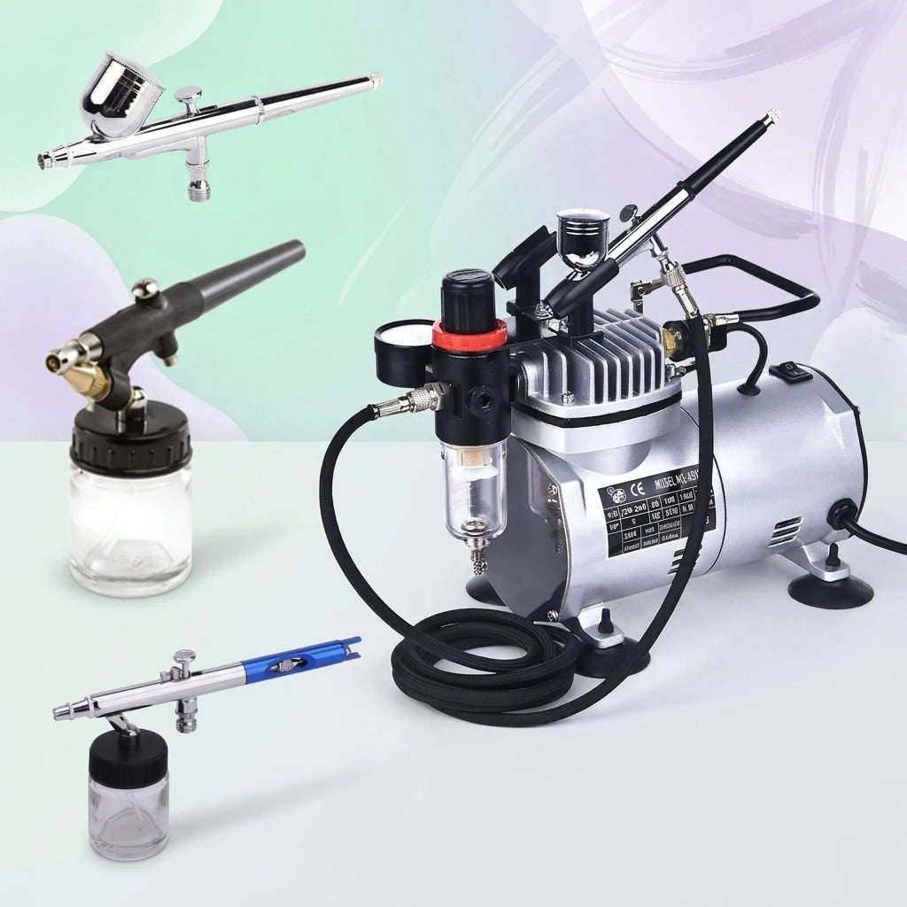 Portable Dual Action Gravity Feed Single-Piston Compressor Airbrush Gun Kit with Oil-Free Motor Air Cooled for Painting Models