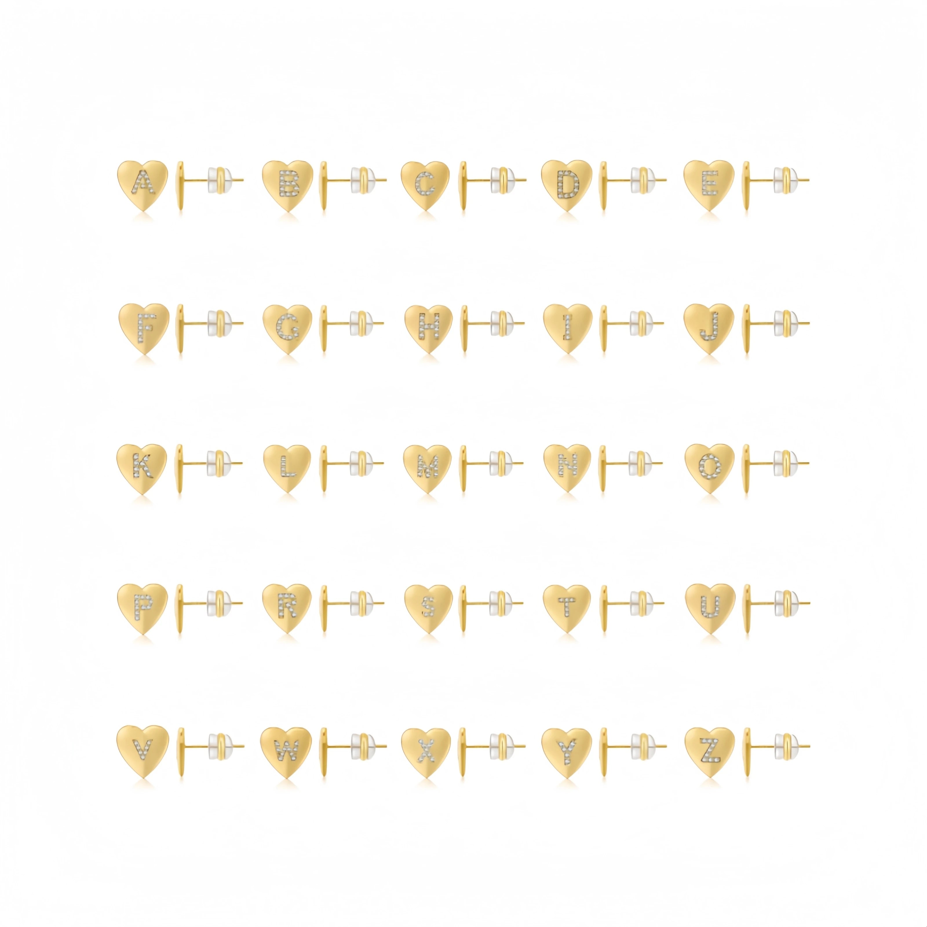 ZUOLA Fine Jewelry Eco-friendly Brass 18K Real Gold Plated 925 Sliver Pole Posts Heart A-Z Letter Inlay Zircon Stud Earrings