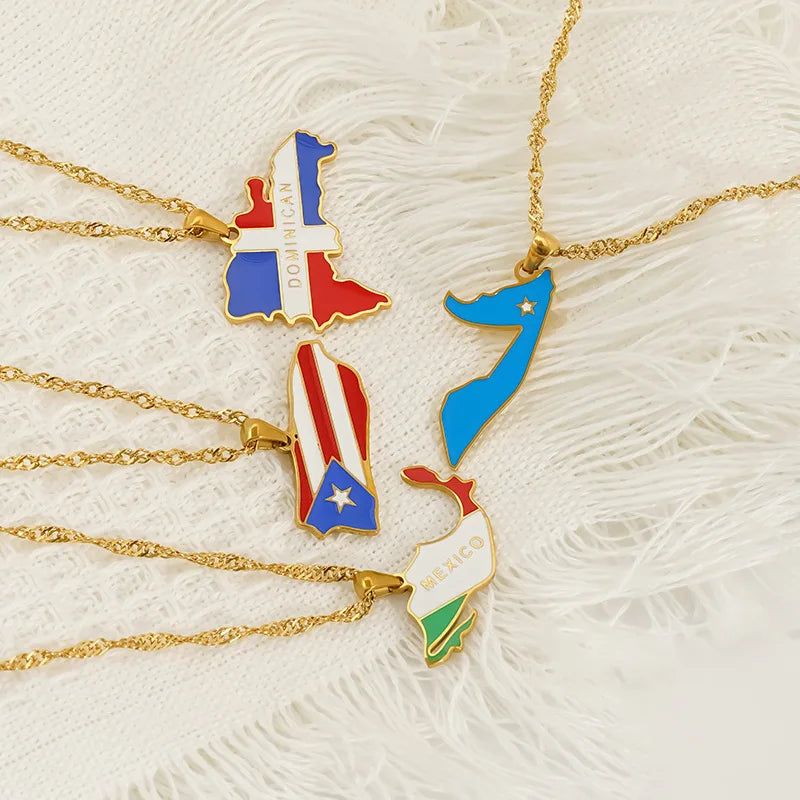 World Maps Territorial Map Stainless Steel Gold-Color Plated Geometric Pendant Necklace Trendy Women's Gift for Party Occasions