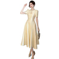 Custom Dress Manufacturer Women's Champagne Elegant Long Dress Pearl Trimmed Neckline Puff Short Sleeve Party Casual Dress