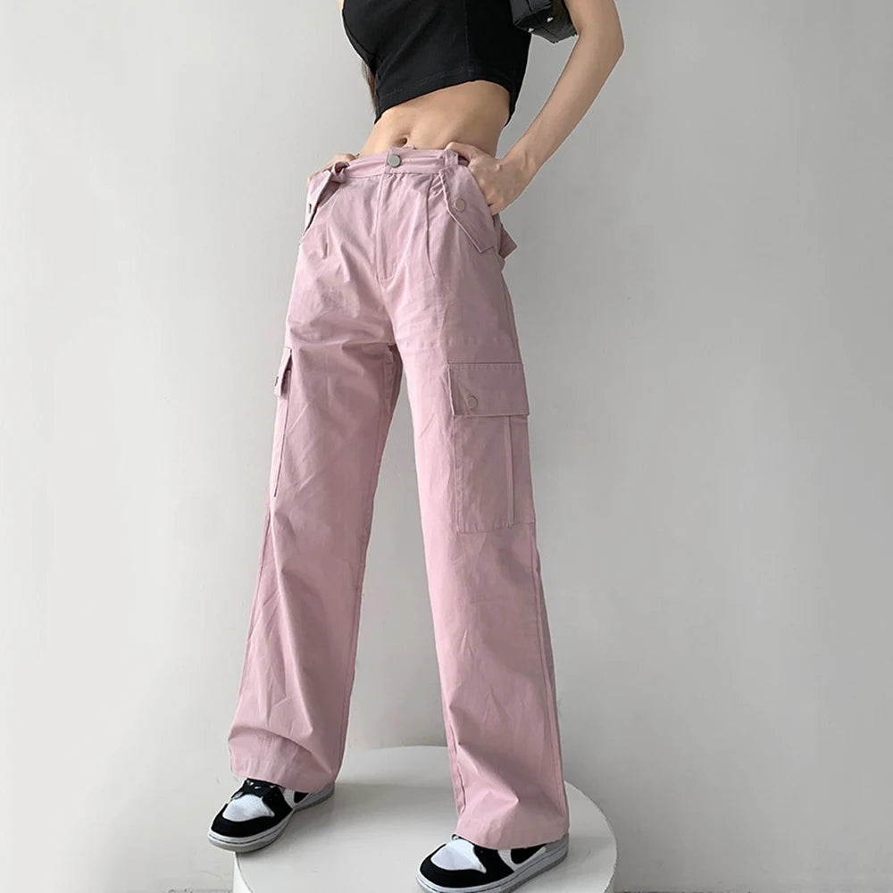 Women Girls High Waist Casual Pants Cotton Loose Pink Sweet Loose Cool Cargo Pants
