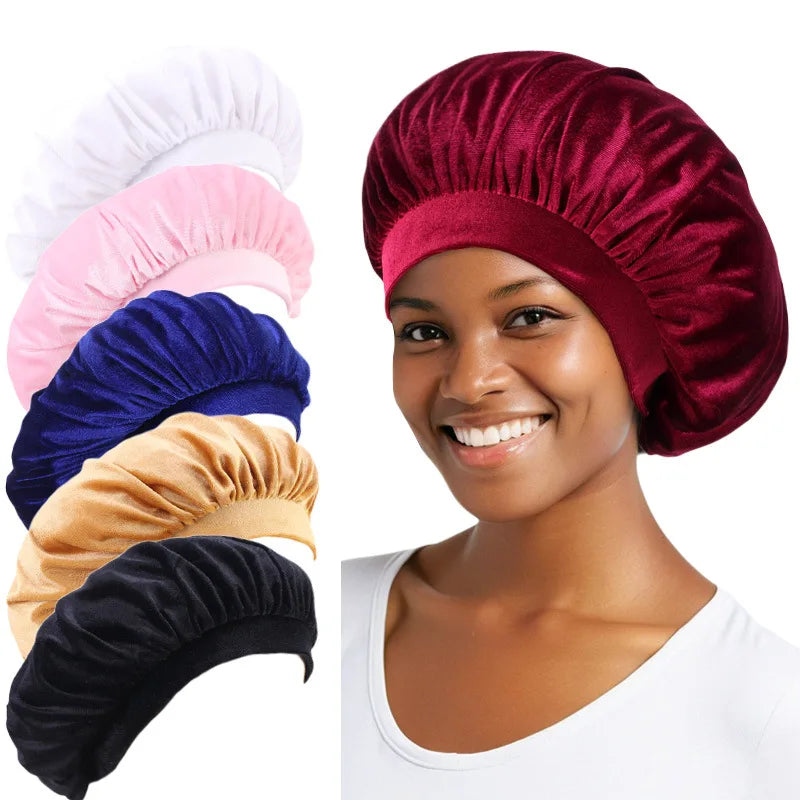 Women Elastic Wide Band Velvet Satin Bonnets Hair Cap for Sleeping Head Cover Hair Bonnet Satin Shower cap Custom Logo
