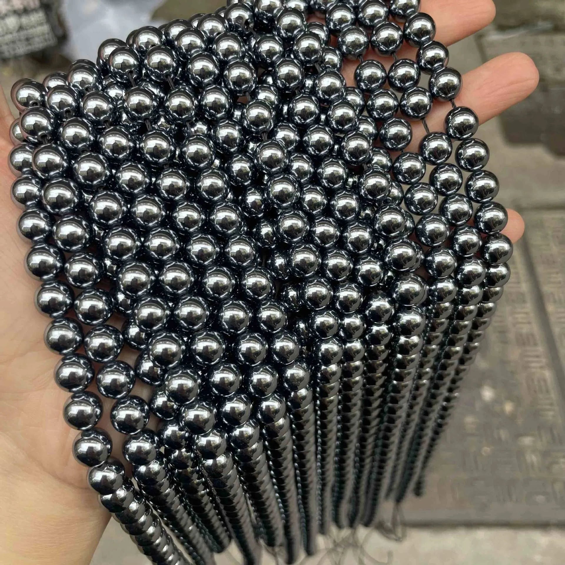 6-10mm Smooth Black Terahertz Round Stone Beads Health Protection & Healing Energy for DIY Jewelry Loose Strands
