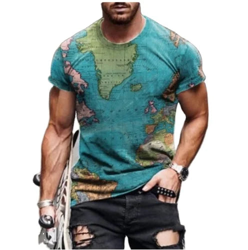 2025 New Summer Men's Casual Twill T Shirts Round Neck 3D Printed Pattern Short Sleeves Cross Border