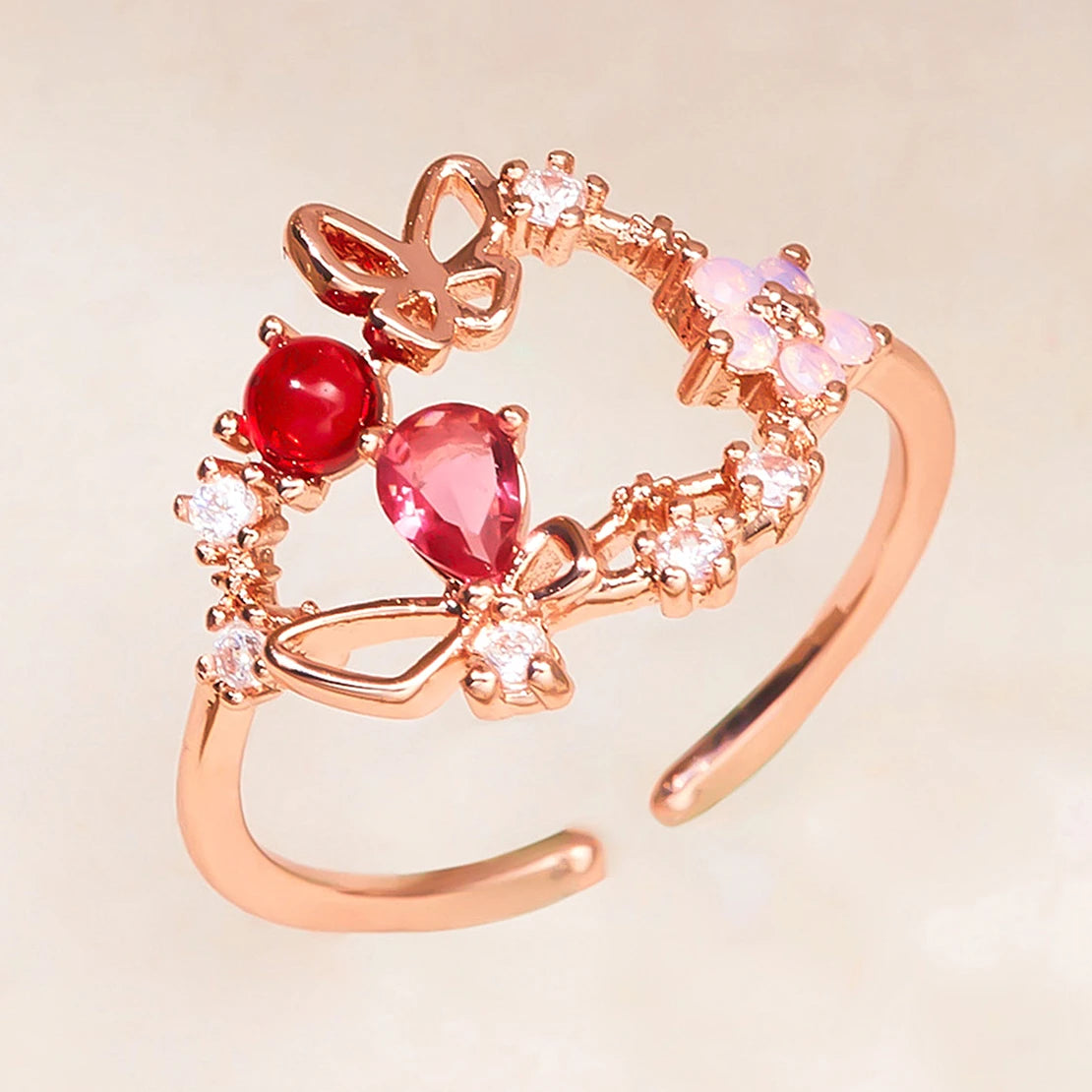 Popular Choice Romantic Lovely Heart Accessory Sparking Diamond Zirconia Open Ring Sweet Flower Ring Gifts for Women