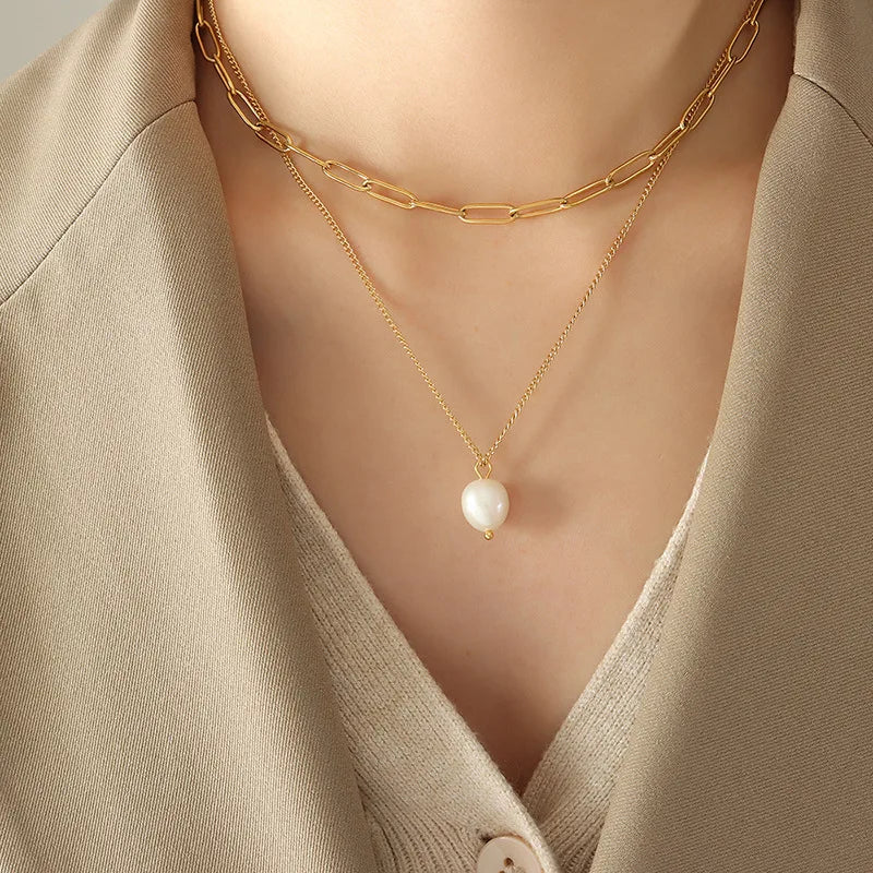 Trendy Design Double Layer Stainless Steel Chain Charm Pendant Freshwater Pearl Cool Necklace Jewelry for Women Girls