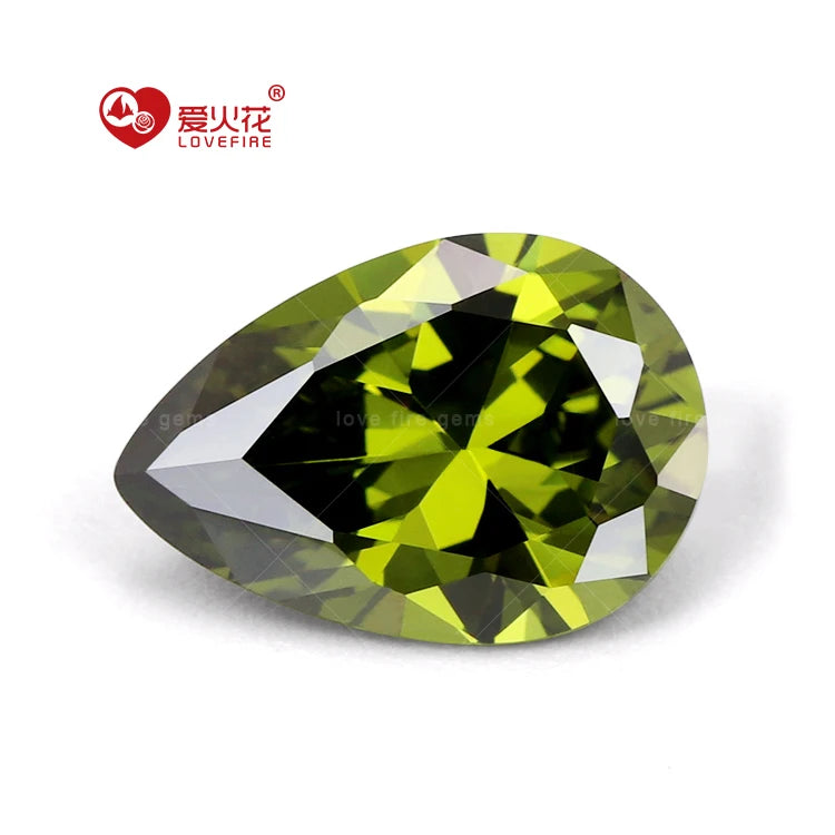Dark Peridot Color Artificial Cz Gemstone 3A Grade Pear Cut Loose Cubic Zirconia