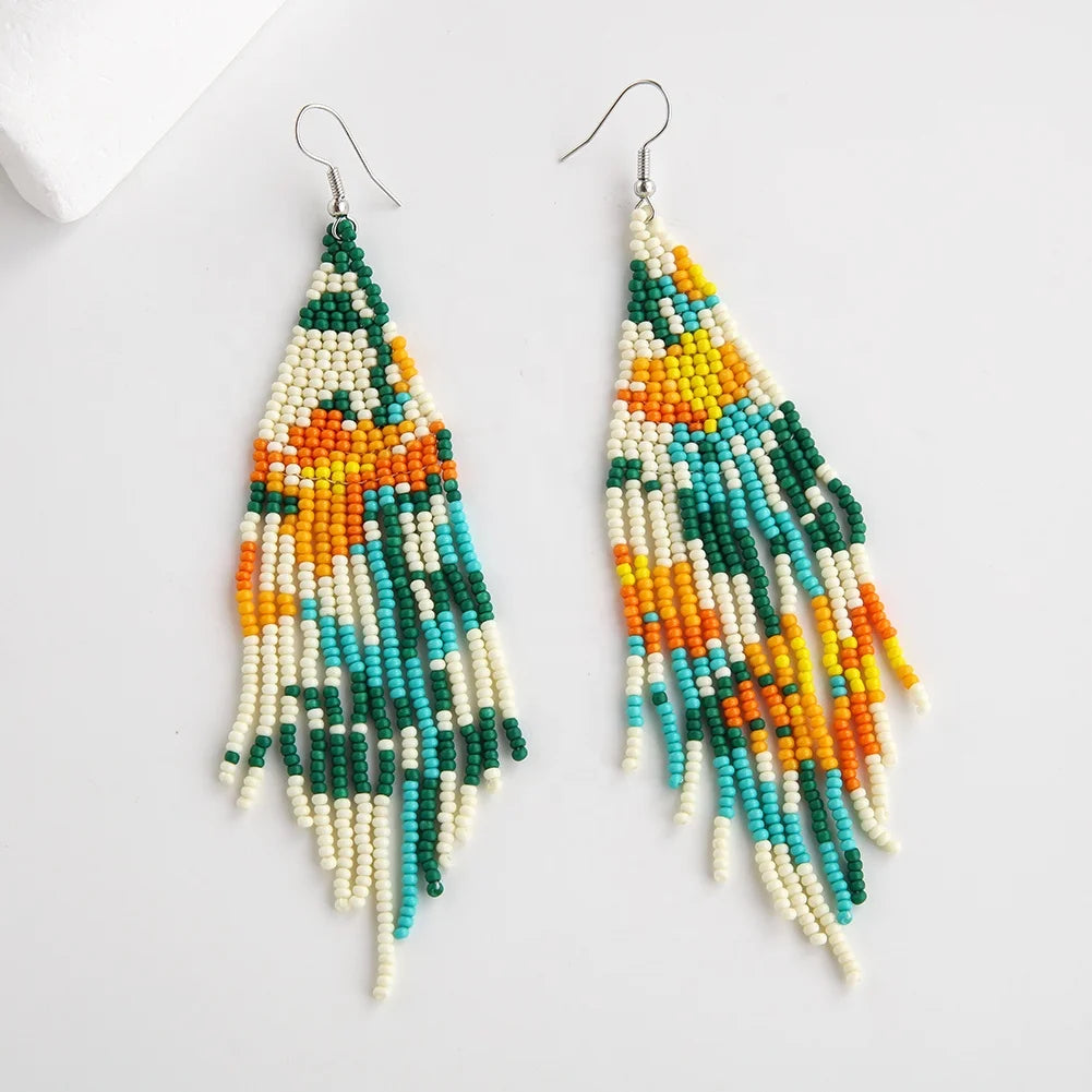 Vintage Boho Chic Gold Plated Floral Earrings Hand Woven Long Tassel Jewelry Women's Personalized Vintage Style Hook Gift
