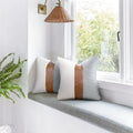 Modern Tan Faux Leather Accent Pillow Covers 18x18 Inch Faux Leather Stitching Canvas and Black Stripe Pattern Modern Farmhouse