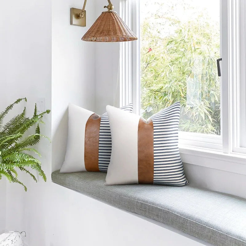 Modern Tan Faux Leather Accent Pillow Covers 18x18 Inch Faux Leather Stitching Canvas and Black Stripe Pattern Modern Farmhouse