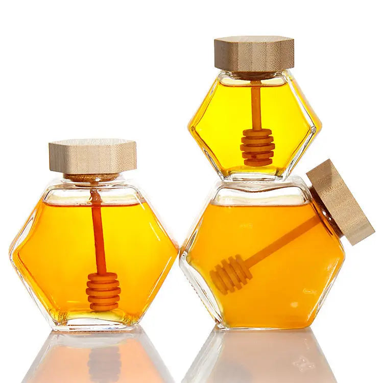 Source Factory 100ml 220ml 380ml Bee Shaped Glass Honey Jars With Wooden Lid Stirring Rod