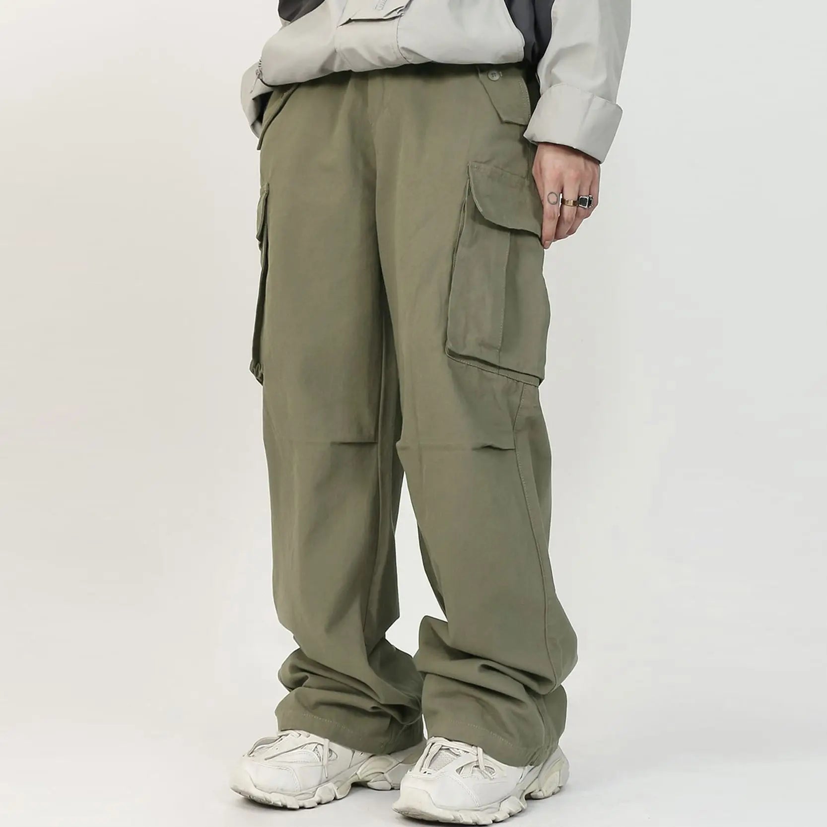 Canvas Cargo Sweatpants Side Pocket Elastic Waist Drawstring Multi Pocket Wide Leg Baggy Pants Mid Waist Outdoor Cargo Pants