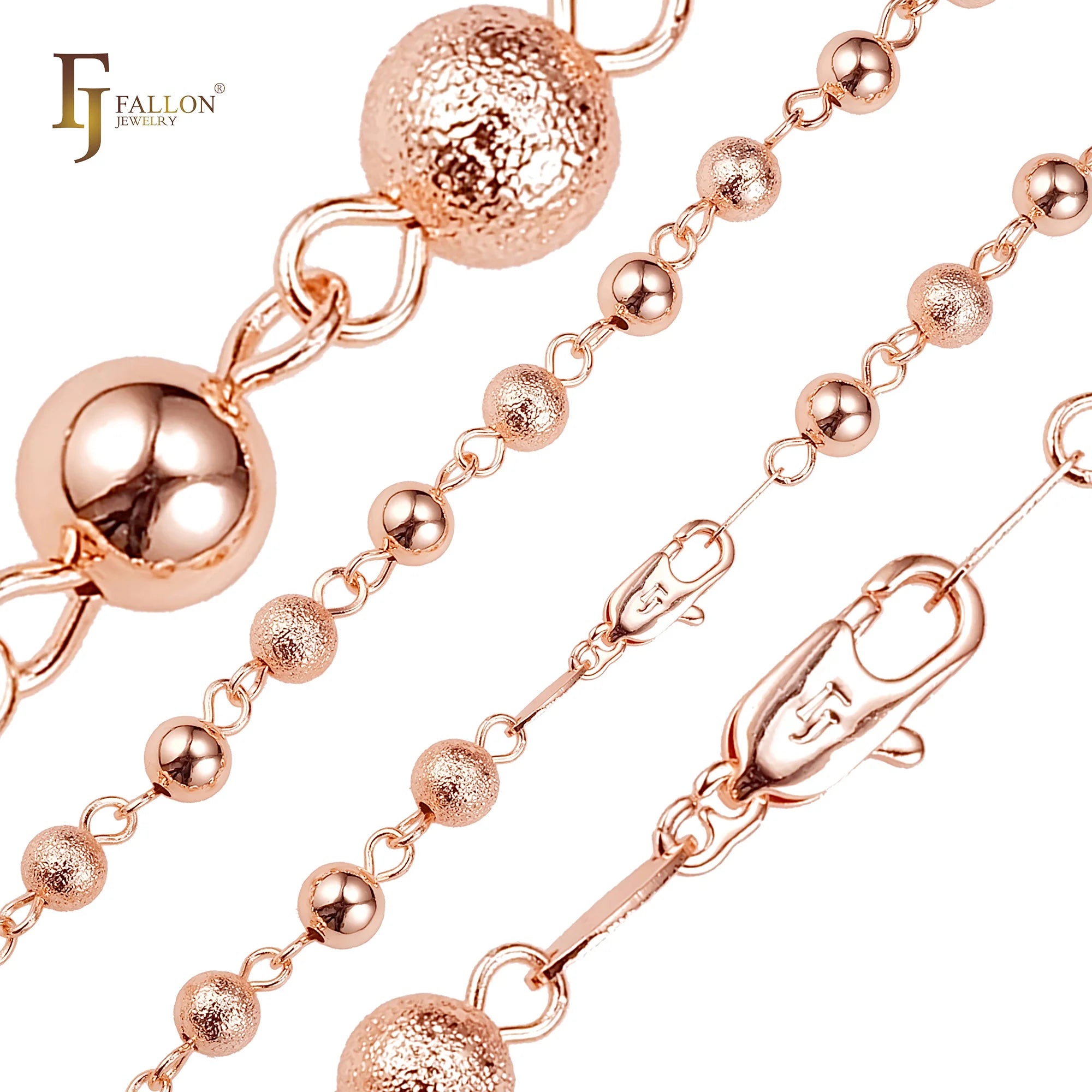 5mm FJ Fallon Fashion Jewelry Glossy Mixed Scrub Beads Link Chain Plated in Rose Gold Brass Based