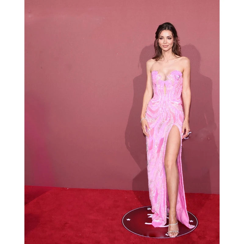 A9801 migugarment New Design Pink Women Maxi Prom Dress Slit Cutout Sequined Lady Party Dress European Clothing Styles for Women
