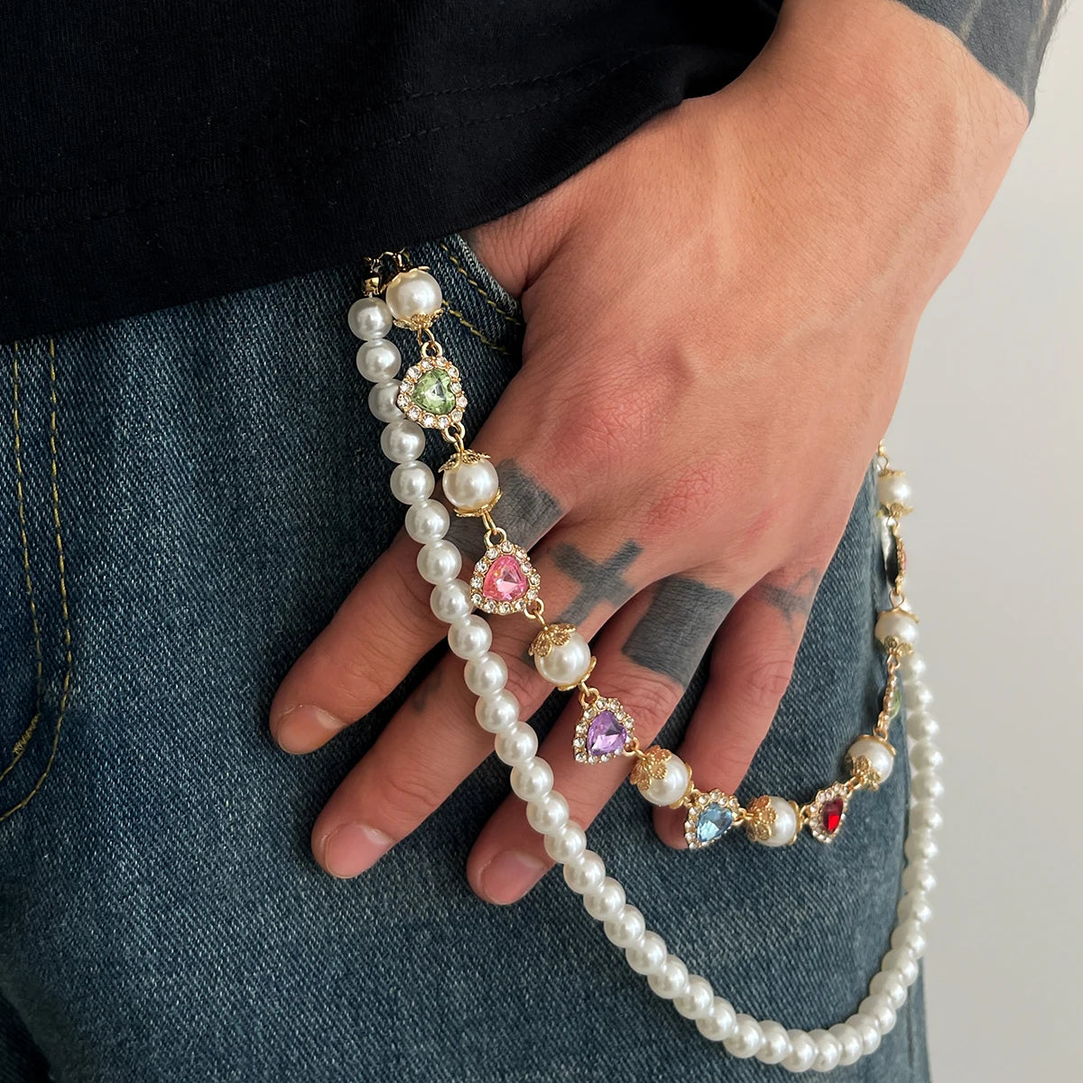 Hip Hop Layered Imitated Pearl Peach Heart Pants Wallet Chain for Women/Men Fashionable Street Wearing Jewelry Accessories Gifts