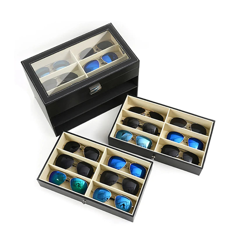 Wholesale 18 Slots Double Layer Sunglasses Storage Case Premium PU Eyewear Displays Box  Dustproof Glasses Organiser