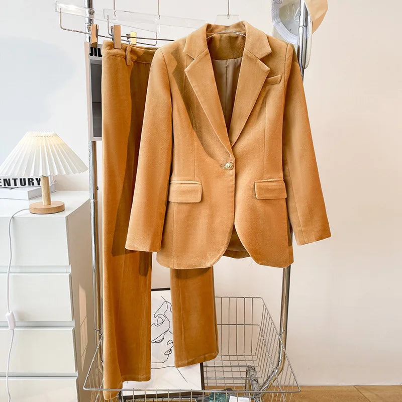 Autumn/Winter Solid Formal One-Button Women's Suit Set Camel-Colored Pants Turn-down Collar Minimally Simplified Style Unisex