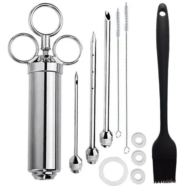 Kitchen Accessories Heavy Duty 2 Oz Stainless Steel Syringe Meat Injector with Silicone Brush for BBQ Grill