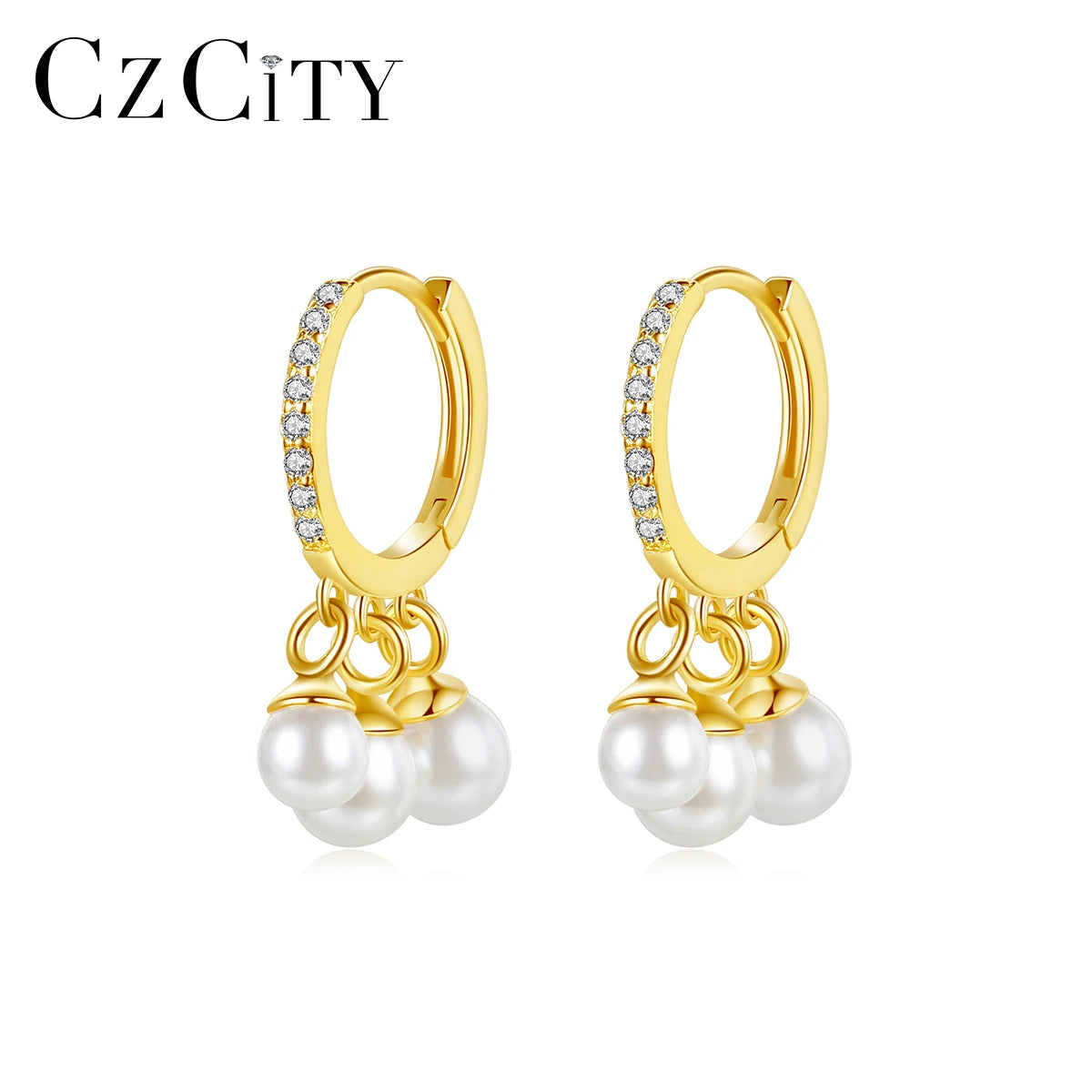 CZCITY Gold Plated Huggie Silver 925 Sterling Minimalist Cz Handmade Three Beaded Hoop Earring