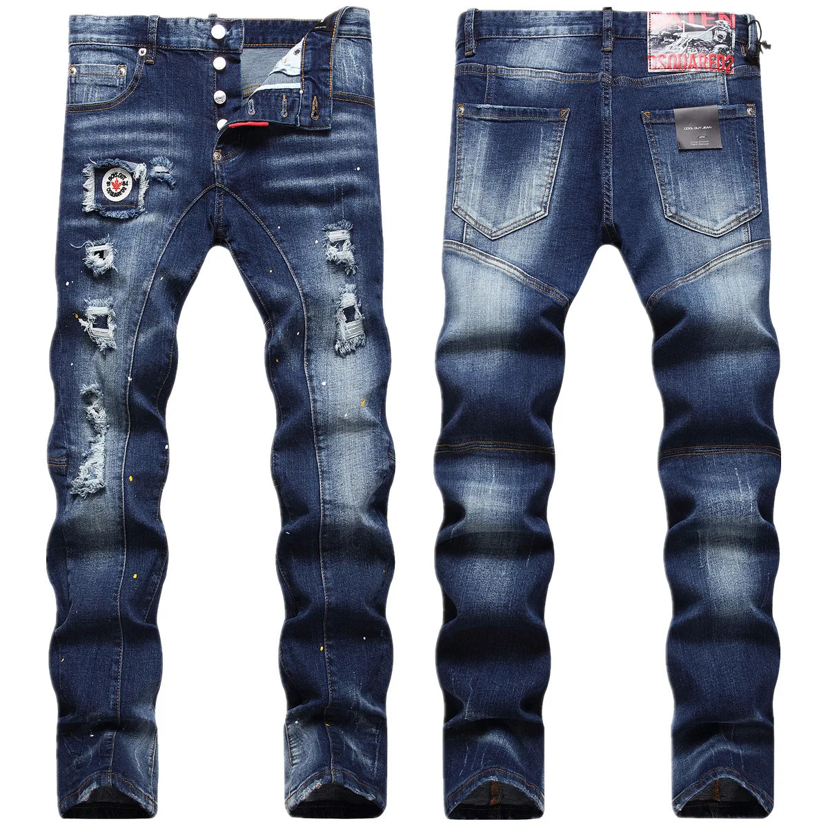 Men's Fashion Trend Swing Paint Tight Elastic Slim Embroidered Badge Small Foot Jeans