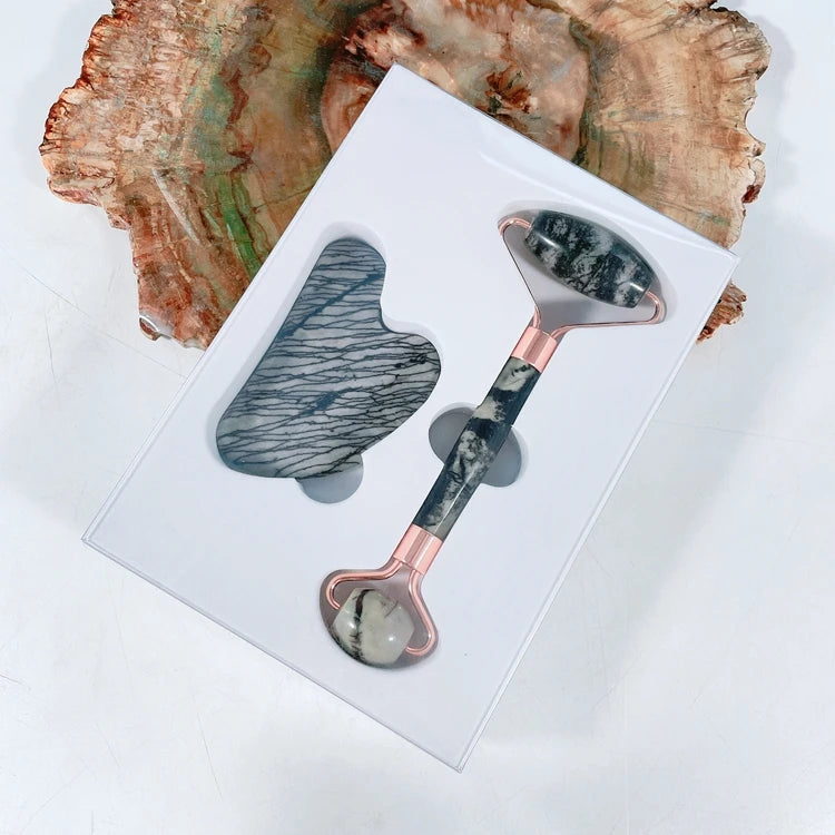 HY Online Shop Picasso Jasper Roller Facial Massage Roller Heart Shape Gua Sha Stone Kit
