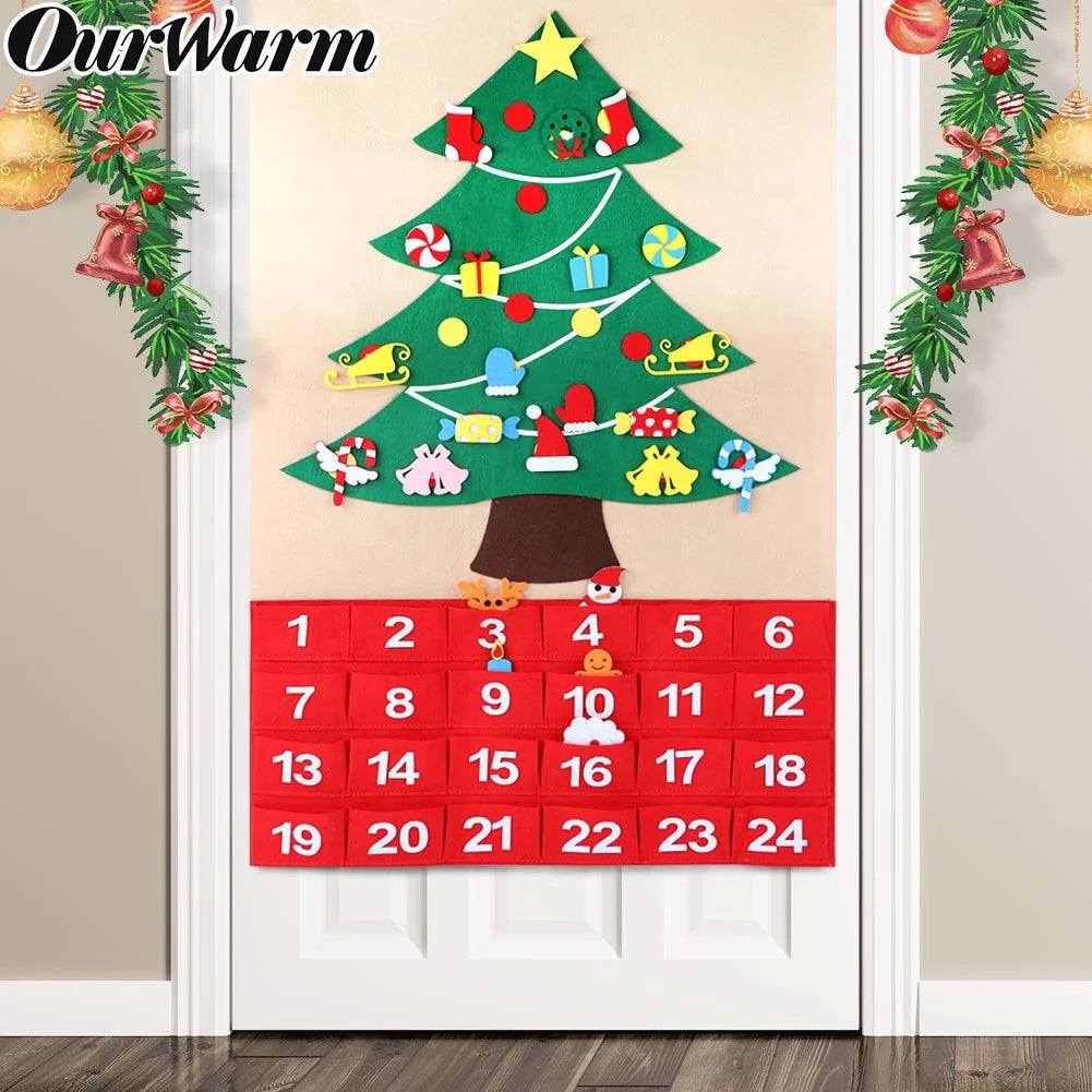 Ourwarm Ready to Ship Christmas Advent Felt Fabric Calendar Christmas Tree Countdown Calendar with Pockets
