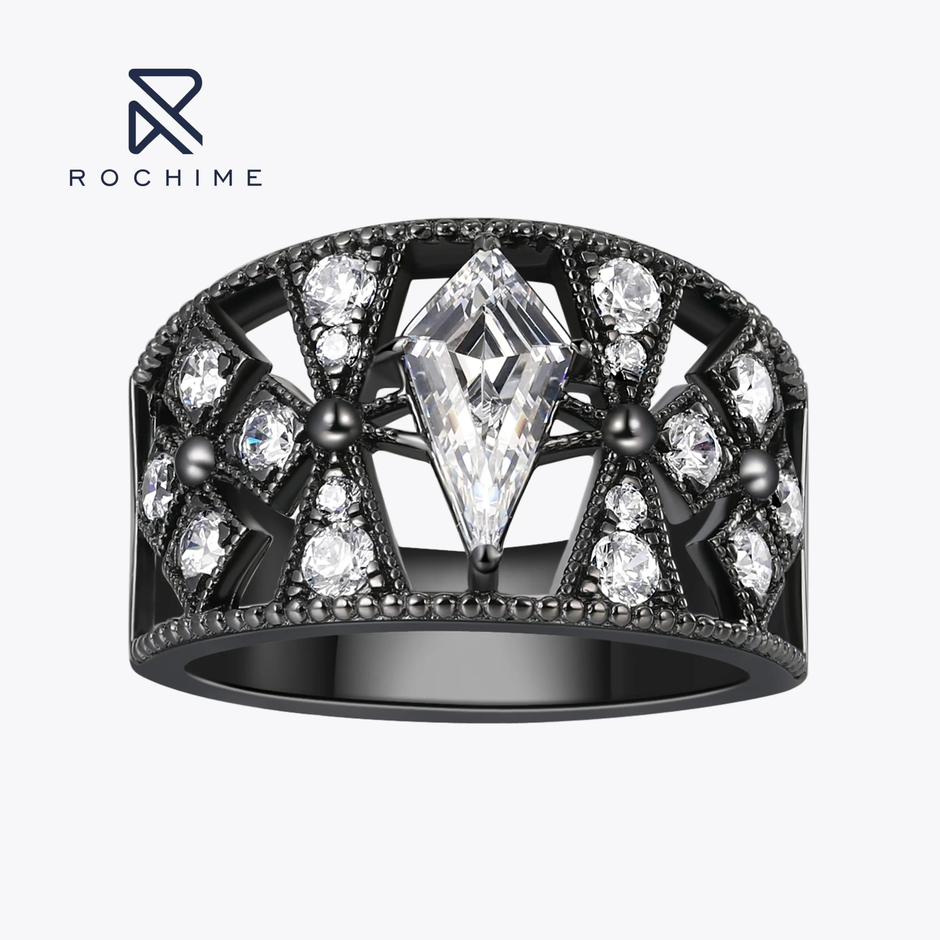 Rochime Black Lace Sword Shaped Ring 925 Sterling Silver Gold Plated Cubic Zirconia Rings for Women