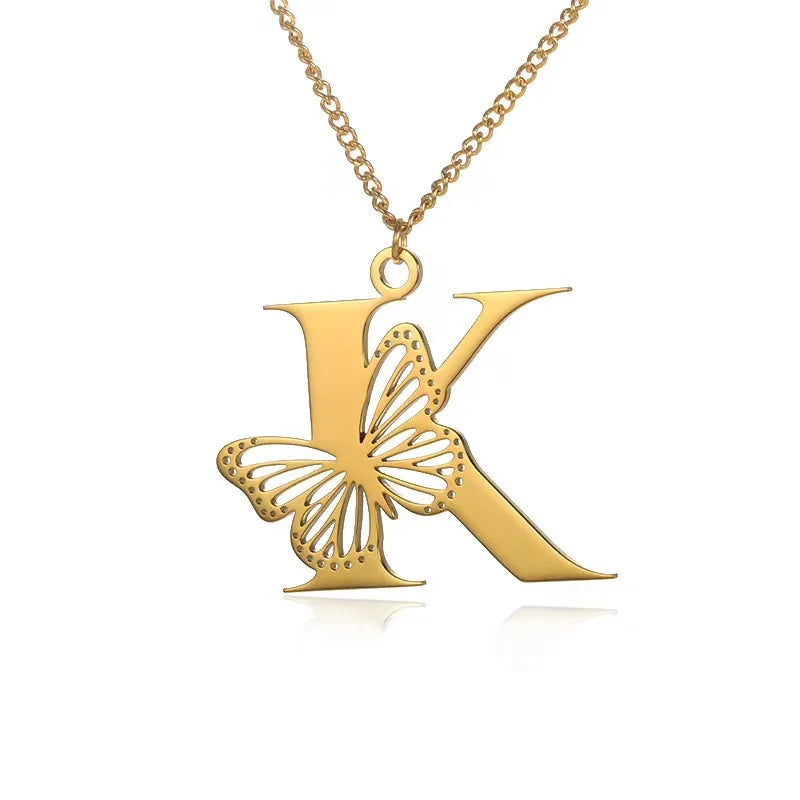2025 New Stainless Steel 26 Letter Hollow Butterfly Necklace 18K Gold PVD Plated Personalized Fashion Alphabet Initial Pendant