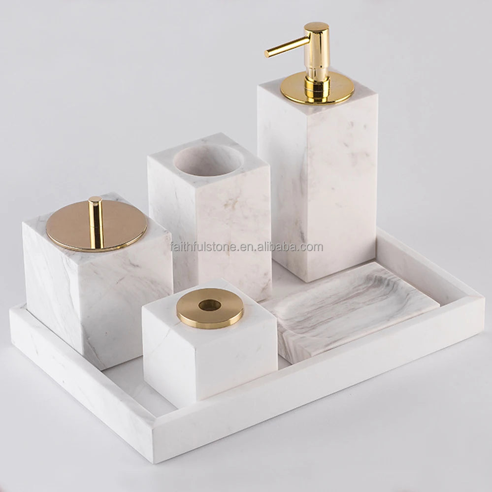Wholesale Cup Soad Dispenser Dish Toothbrush Holder Aromatherapy Jar Cotton Swab Box Marble Bathroom Accessory Set