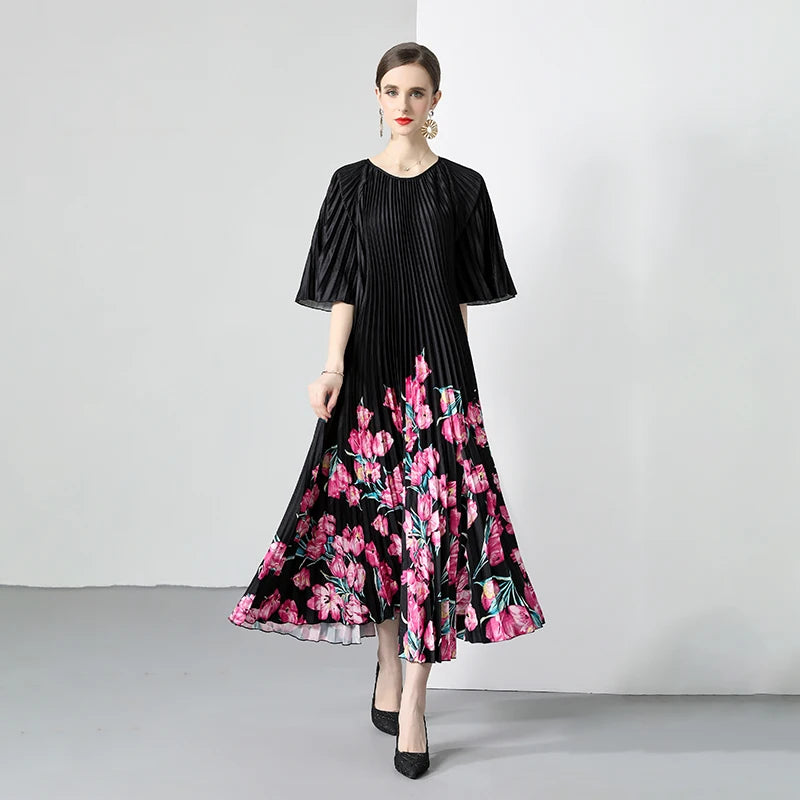Runway Spring Summer Vacation Women's Elegant Bat Sleeve Floral Print Ruched Bohemian Woven Digital Chiffon Knee-Length Dress