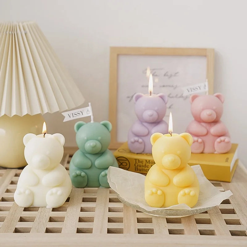 DIY Handmade 3D Cute Sitting Bear Shape Aromatherapy Candle Moulds Gypsum Wax Silicone Bear Candle Mold