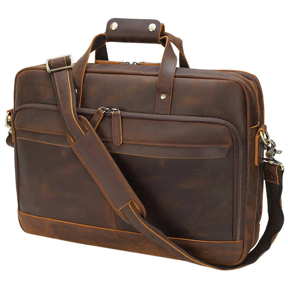 Custom Design 17'' Men's Business Laptop Portfolio Large Capacity Crazy Horse & Cow Leather Briefcase Office Bag Genuine Leather