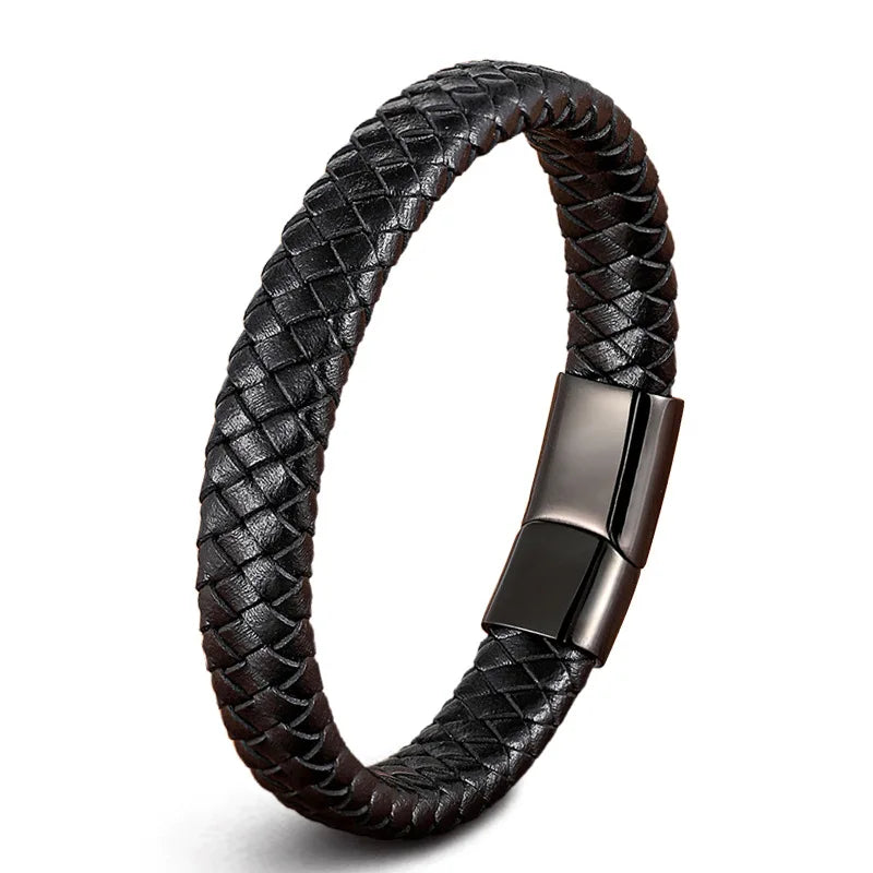 Hot Retro Genuine Leather Bracelet with Stainless Steel Magnetic Clasp Red Braided Fashion Charm for Men and Women