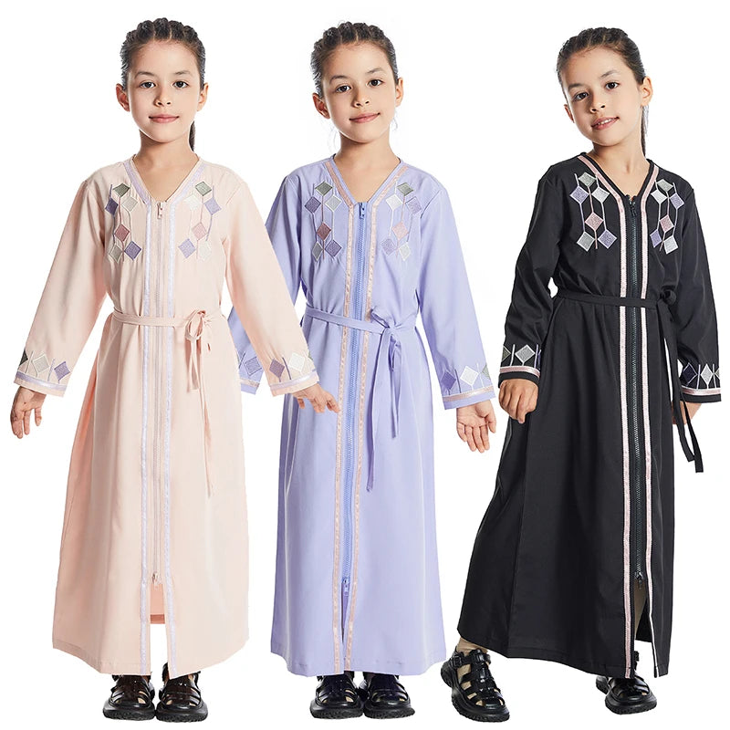 Ready to Ship Malaysia Turkey Islamic Kids Abayas Girls Muslim Children Solid Color Embroidered Front Zipper Muslim Girl Dress