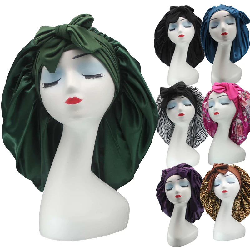 Extra Large Sleeping Cap Adjustable Tie Band Hair Care Silk Satin Bonnets for Women Curly Hair