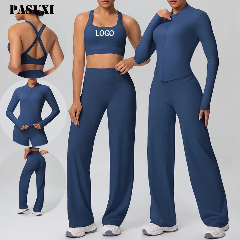PASUXI 2026 Custom Fitness 3 Piece Women Gym Yoga Wear Set Workout Seamless Long Sleeve Sports Suit Yoga Set