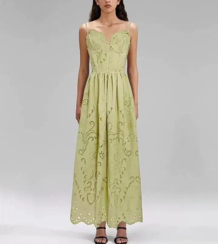 Casual Style Suspender Dresses 2025 Spring Autumn New V-neck High Waist Embroidery Organza Woven Hollow Floor-Length Solid Women