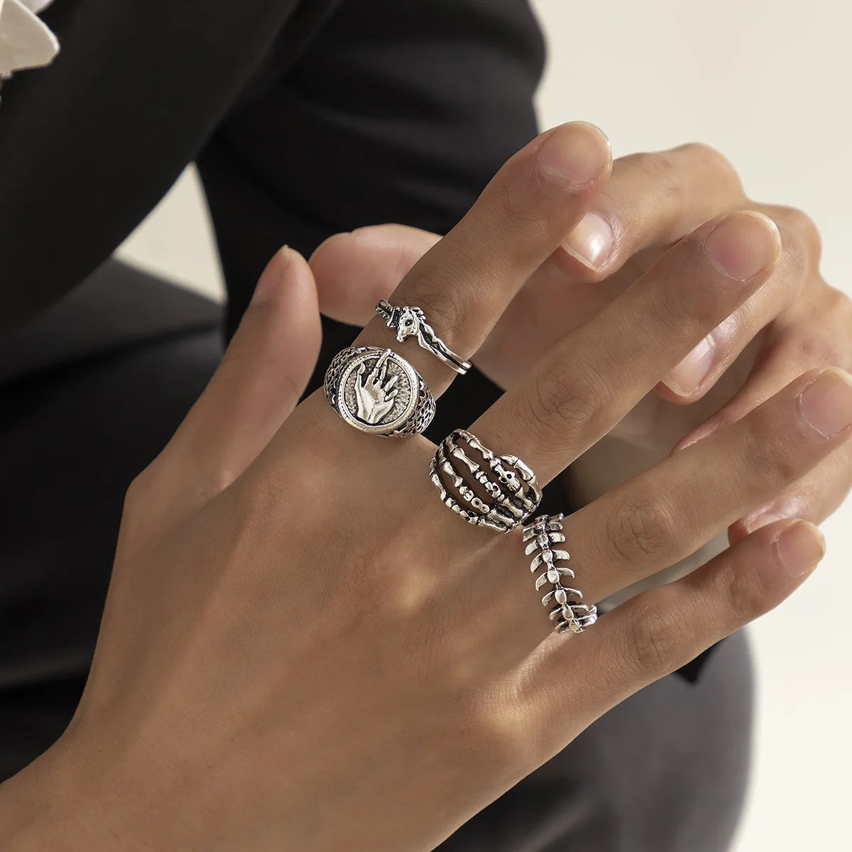 New Arrivals Alloy Skull Leaf Design Joint Ring Sets Personalized Vintage Silver Color 4Pcs Punk Ring Set for Men