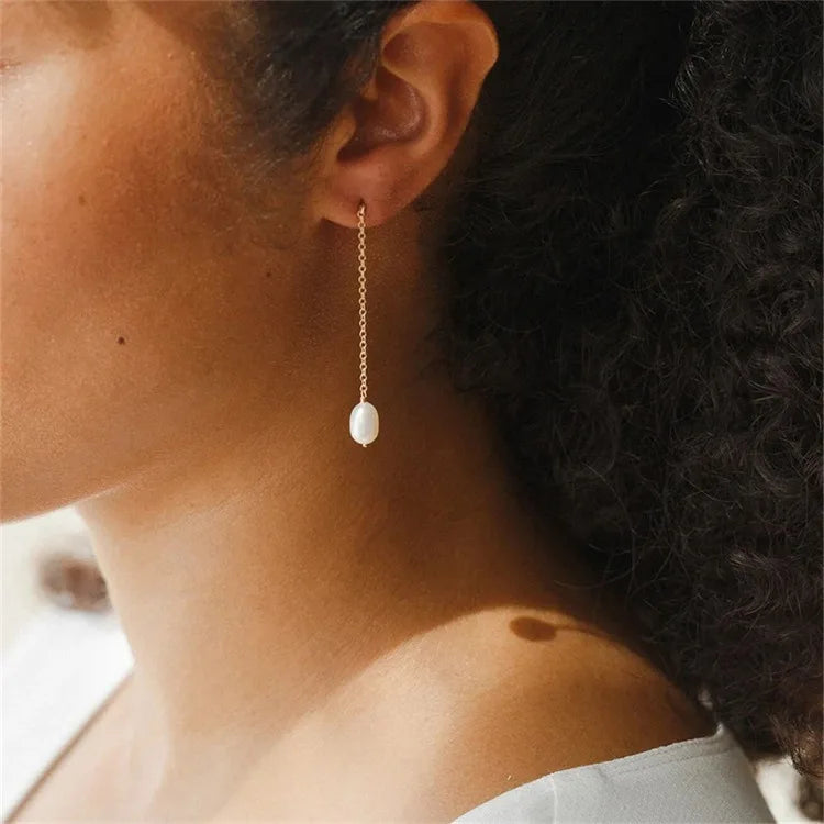 Gold-Plated Stainless Steel Freshwater Baroque Pearl Drop Earrings Long Chain with Irregular Shape Elegant Luxurious Jewelry