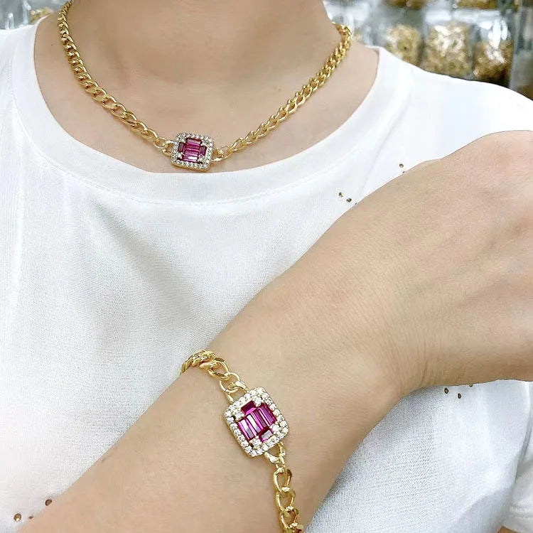 NZ1216 Colored CZ Diamond Mirco Pave Charms Gemstone Pendant Link Chain Necklaces Jewelry Gift for Lady