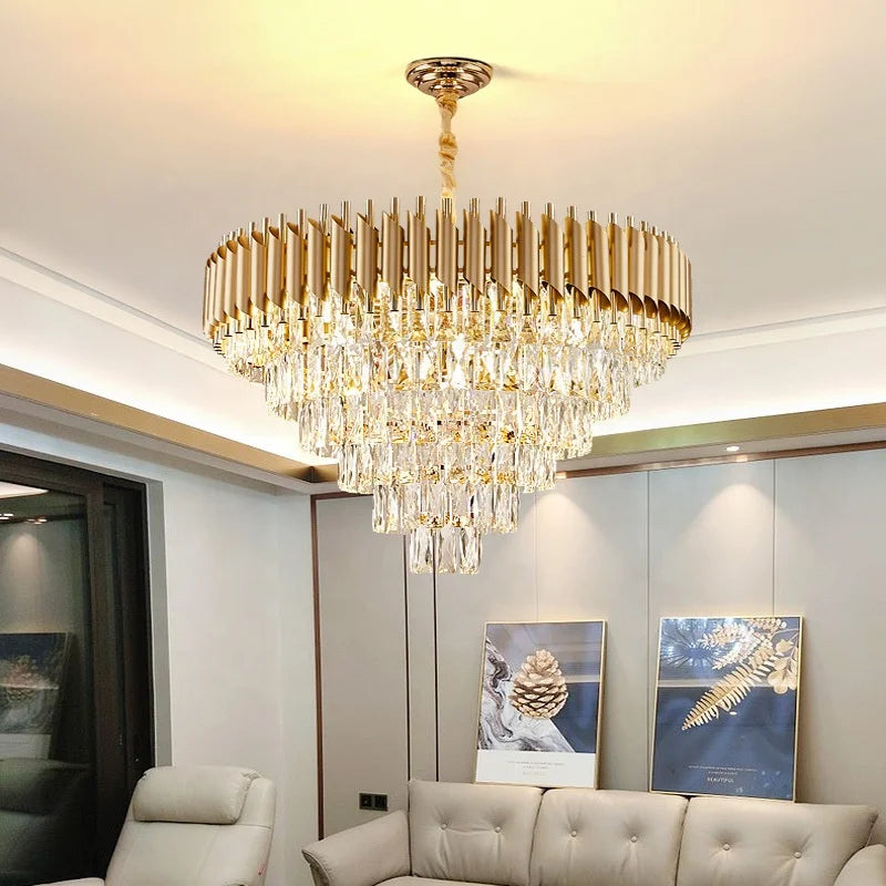 French Luxury Crystal Chandelier High End Black Gold Round Pendant Light for Living Room Illumination