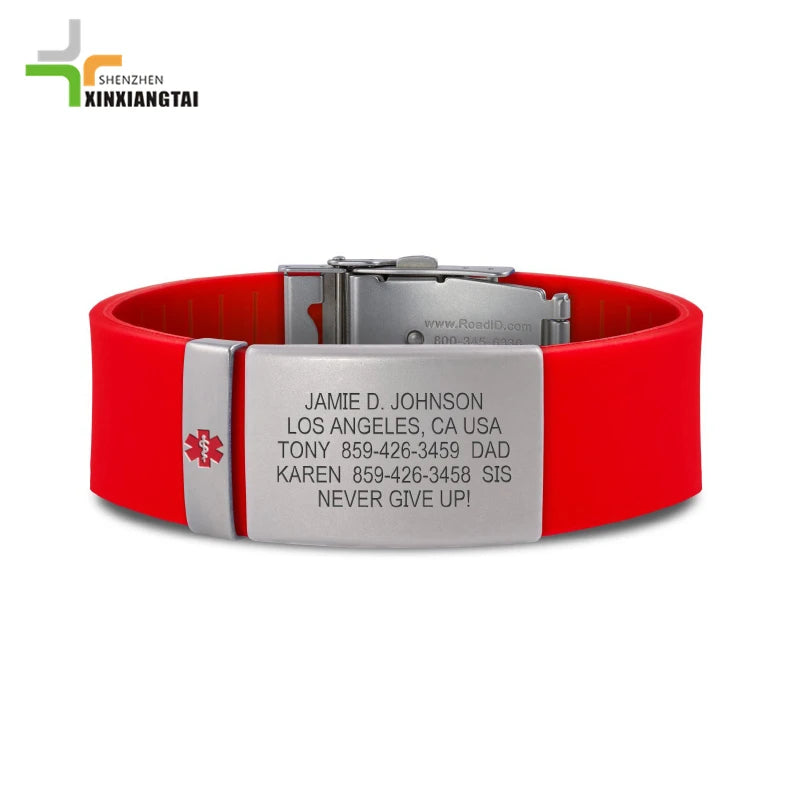 2024 ID Bracelet for Women Men's Emergency First Aid Health Alert Laser Engraved Stainless Steel Adjustable Silicone Wristband