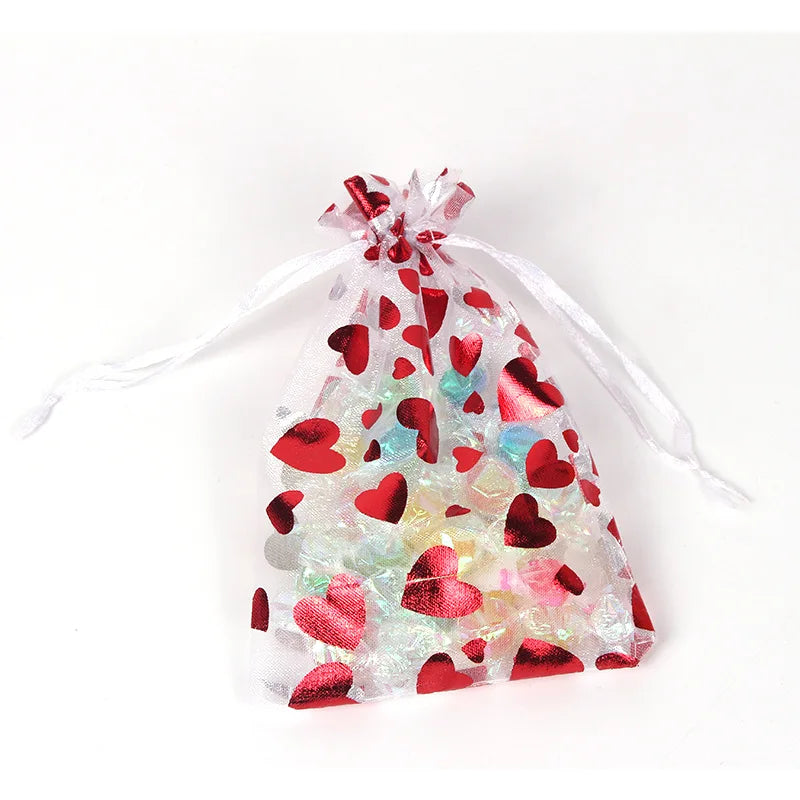 Hot Sale Transparent Sheer Organza Bag Heart Pattern Gift Drawstring Packaging Bag