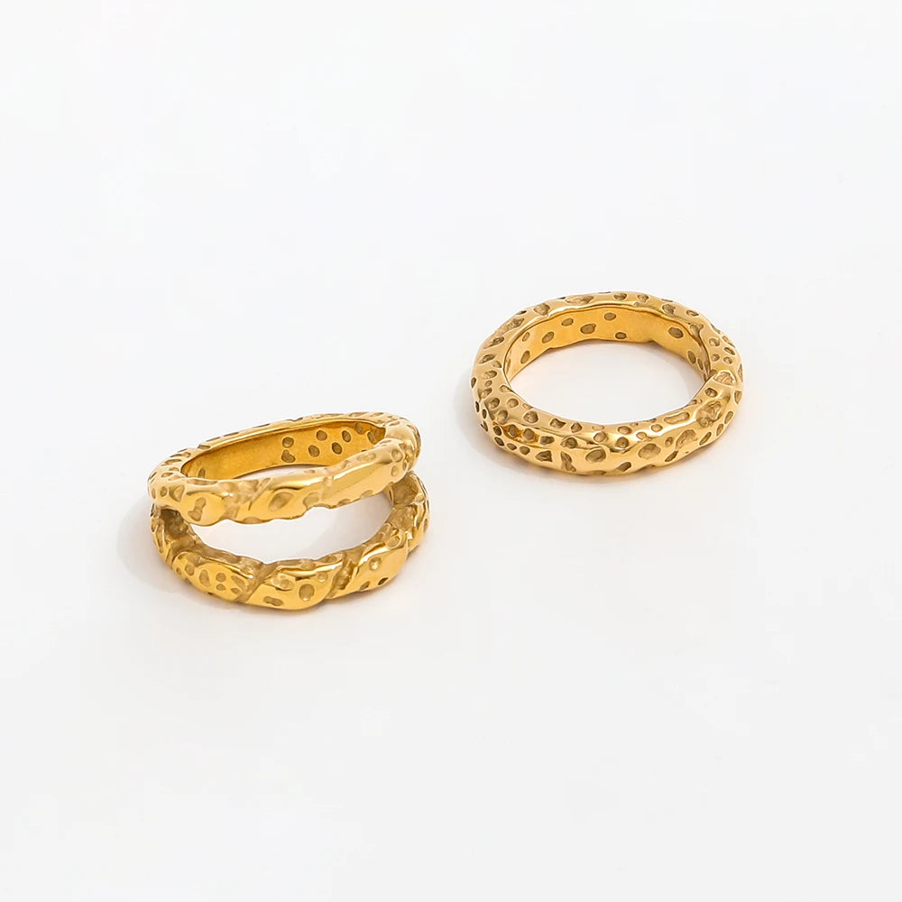 Fenny 18K Gold Plated Simple No Fade Designer Meteor Crater Double-layer Finger Ring Stainless Steel Wholesale Jewelry