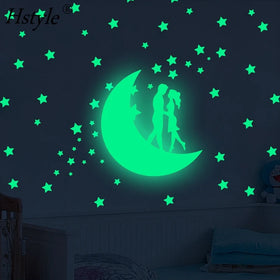 Glow in the Dark Moon Stars Couple Wall Sticker Decor Wedding Bedroom Luminous Stars Couple Fluorescent Wall Decals SD1605