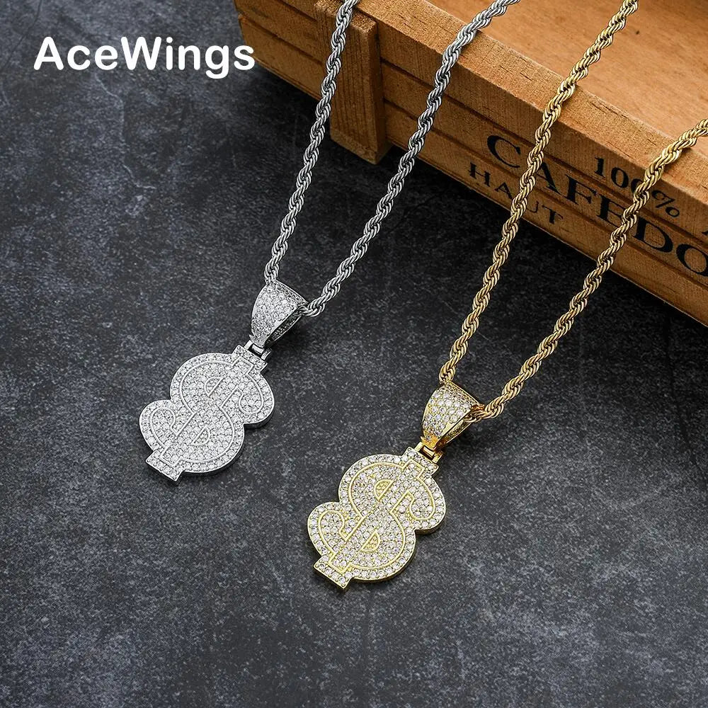 CN351 Gold/Silver Plated Brass Setting Iced Out Zircon Dollar Shape Pendant Hip Hop Rope Chain Necklace for Unisex Party Gift