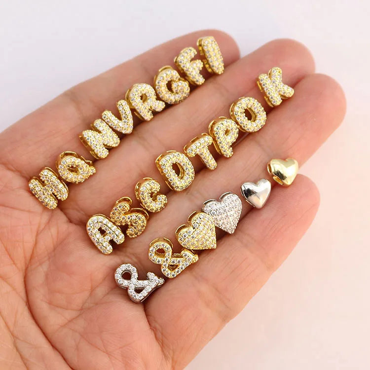 CZ9004 Mini Small 18k Gold Platinum Puffy Bubble CZ Pave Monogram Alphabet Initial Cubic Zirconia Diamond Letter Charm Pendant