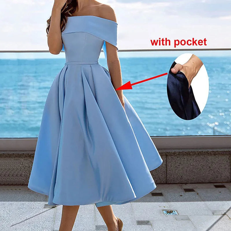 Blue Satin Bandage Off-the-Shoulder Dress for Women Empire Waistband Long Casual Formal Evening Party Club Style Natural