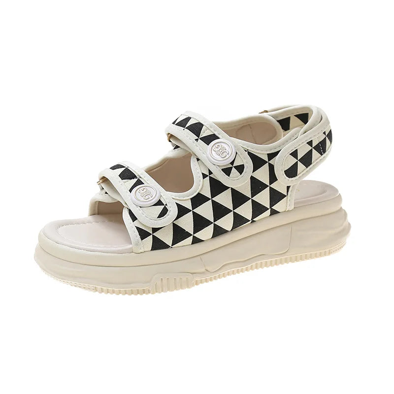 Checkerboard Flat Sandals Women's Summer New HOOK & LOOP Thick Sole Muffin Roman Sports Sandals Ladies Fancy Flat