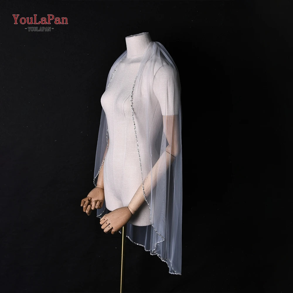 YouLaPan V136 Fashion Bridal Beaded Veil Rhinestone Pearl Decorative Edge Short Fan-Shaped Wedding Veil